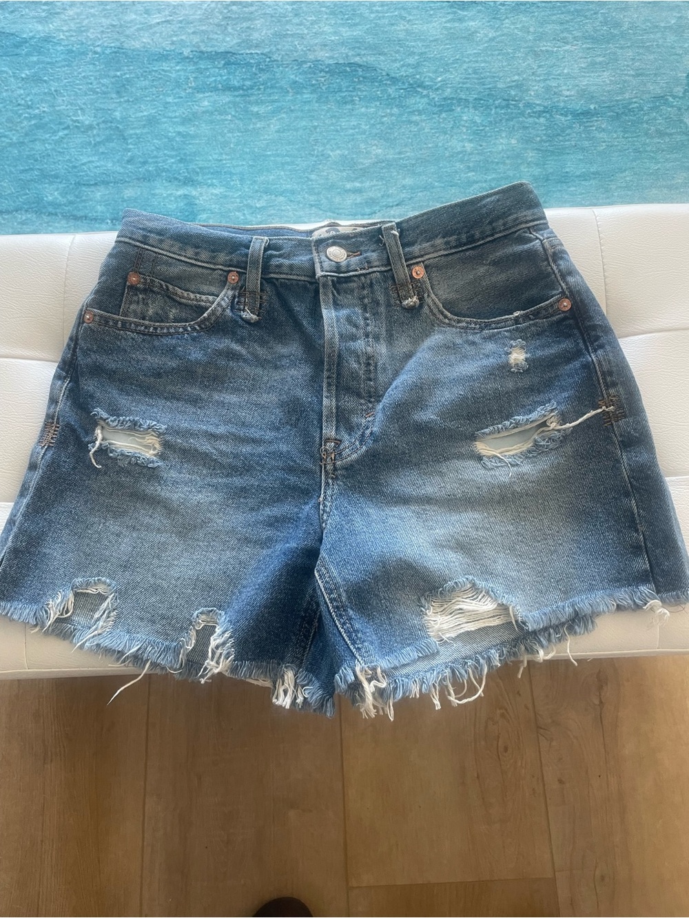 Free People Blue Distressed High-Rise Denim Shorts